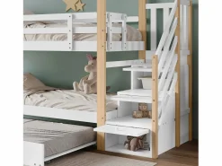 ModernLuxe Litera 90x200cm + cama nido 90x190cm - cama nido infantil con escalera de almacenaje - madera maciza - Blanco Discount