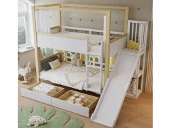 Litera 160x200cm cama infantil moderna con almacenamiento y escalera madera y MDF para habitación y natural (Sin colchón) Blanco Outlet