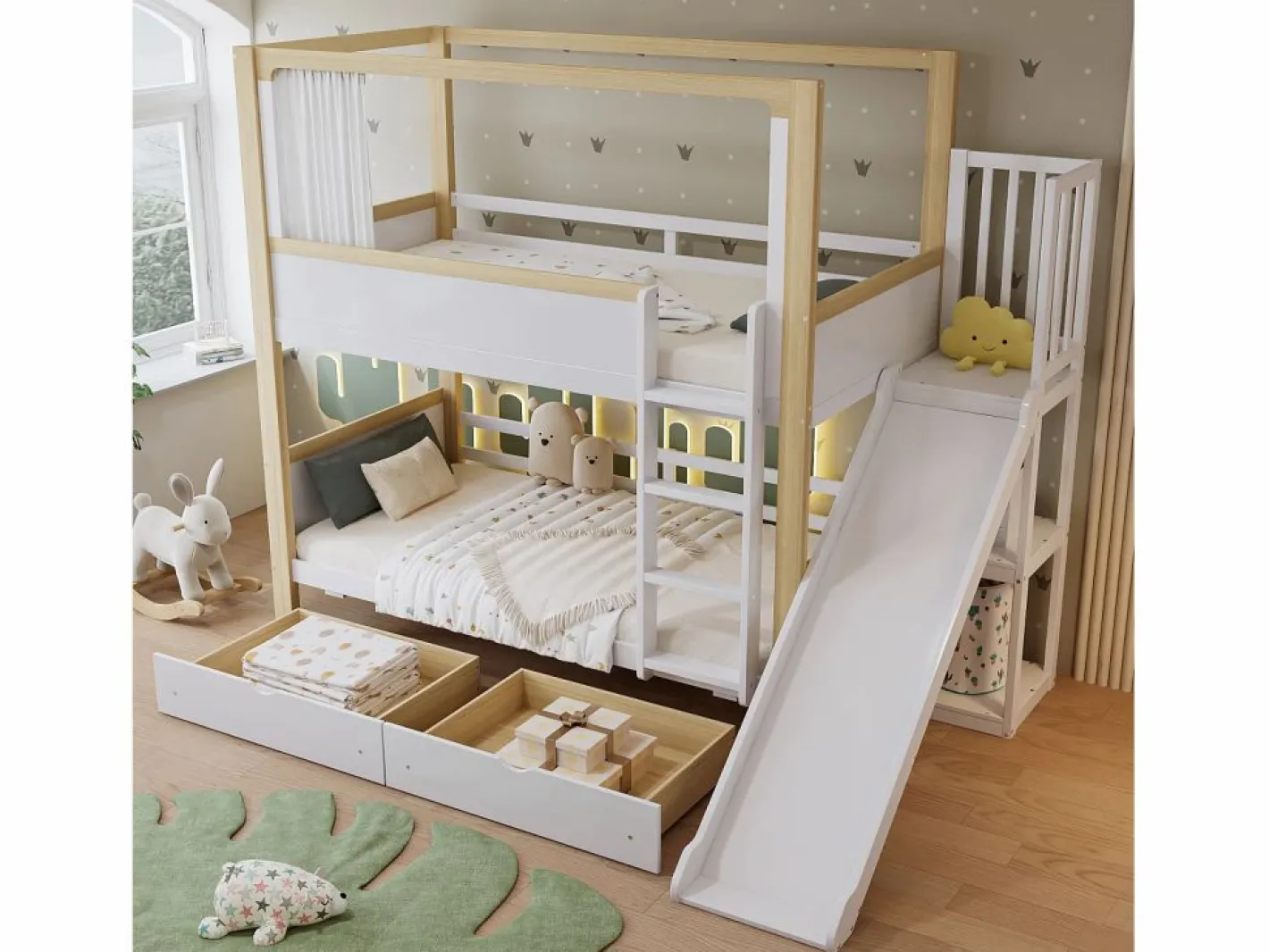 Litera 160x200cm cama infantil moderna con almacenamiento y escalera madera y MDF para habitación y natural (Sin colchón) Blanco Outlet