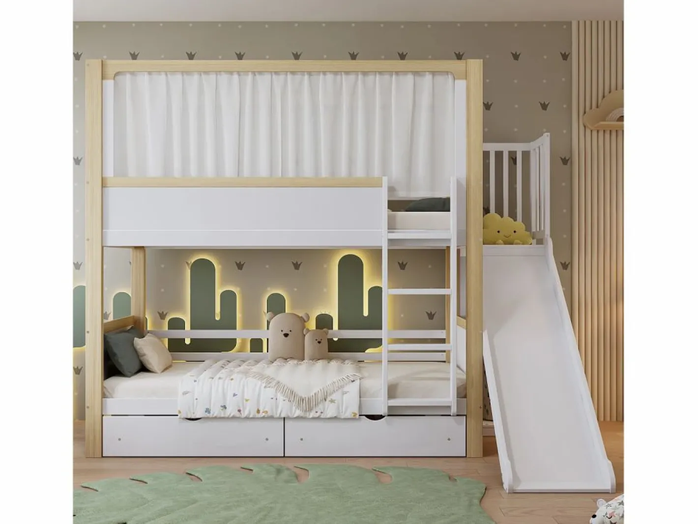 Litera 160x200cm cama infantil moderna con almacenamiento y escalera madera y MDF para habitación y natural (Sin colchón) Blanco Outlet