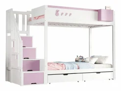 Cama Litera|Litera 90x200cm cama infantil moderna con gran almacenaje madera habitación infantil y rosa (Sin colchón)