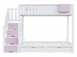 Cama Litera|Litera 90x200cm cama infantil moderna con gran almacenaje madera habitación infantil y rosa (Sin colchón)