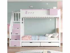 Cama Litera|Litera 90x200cm cama infantil moderna con gran almacenaje madera habitación infantil y rosa (Sin colchón)