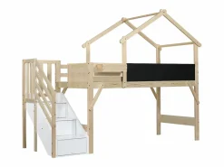 Cama Montessori|Litera 90x200cm tablero para pintar estilo casita escalera con almacenaje madera blanco y natural para habitación infantil (Sin colchón)