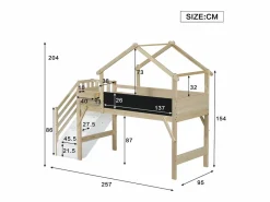 Cama Montessori|Litera 90x200cm tablero para pintar estilo casita escalera con almacenaje madera blanco y natural para habitación infantil (Sin colchón)