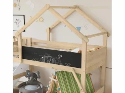 Cama Montessori|Litera 90x200cm tablero para pintar estilo casita escalera con almacenaje madera blanco y natural para habitación infantil (Sin colchón)