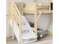 Cama Montessori|Litera 90x200cm tablero para pintar estilo casita escalera con almacenaje madera blanco y natural para habitación infantil (Sin colchón)