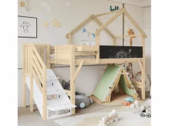 Cama Montessori|Litera 90x200cm tablero para pintar estilo casita escalera con almacenaje madera blanco y natural para habitación infantil (Sin colchón)