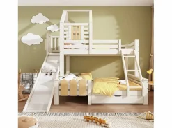 ModernLuxe literas 90×200 cm + 140×200 cm - con tobogán - con 1 cajón - con tejado y ventanas - Madera maciza + MDF - (sin colchón) Blanco Outlet