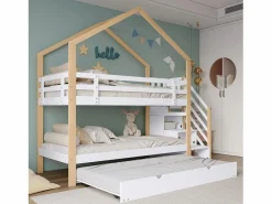 Merax Literas 2 x 90 x 200 cm con cama nido 90 x 190 cm, con 4 cajones y escalera, madera maciza + MDF, color blanco Color natural claro Sale