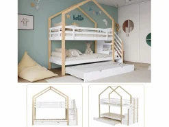 Merax Literas 2 x 90 x 200 cm con cama nido 90 x 190 cm, con 4 cajones y escalera, madera maciza + MDF, color blanco Color natural claro Sale