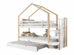 Merax Literas 2 x 90 x 200 cm con cama nido 90 x 190 cm, con 4 cajones y escalera, madera maciza + MDF, color blanco Color natural claro Sale