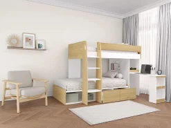 Vente-unique Literas 2 x 90 x 190 cm con escritorio y almacenamiento natural y blanco - LOMIDEN Color natural claro / Blanco Online
