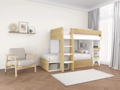 Vente-unique Literas 2 x 90 x 190 cm con escritorio y almacenamiento natural y blanco - LOMIDEN Color natural claro / Blanco Online