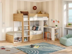 Vente-unique Literas 2 x 90 x 190 cm escritorio y almacenamiento natural y blanco + colchones - LOMIDEN Color natural claro / Blanco Sale