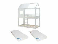 Vente-unique Literas cabaña 2 x 90 x 190 cm en Pino y MDF + colchón - LIDOVARA Blanco Online