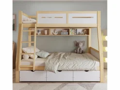 ModernLuxe literas de madera 90×200 cm + 120×200 cm - con escalera y 3 cajones - blanco + natural (sin colchón) Color natural claro / Blanco Online