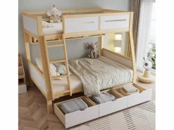 ModernLuxe literas de madera 90×200 cm + 120×200 cm - con escalera y 3 cajones - blanco + natural (sin colchón) Color natural claro / Blanco Online