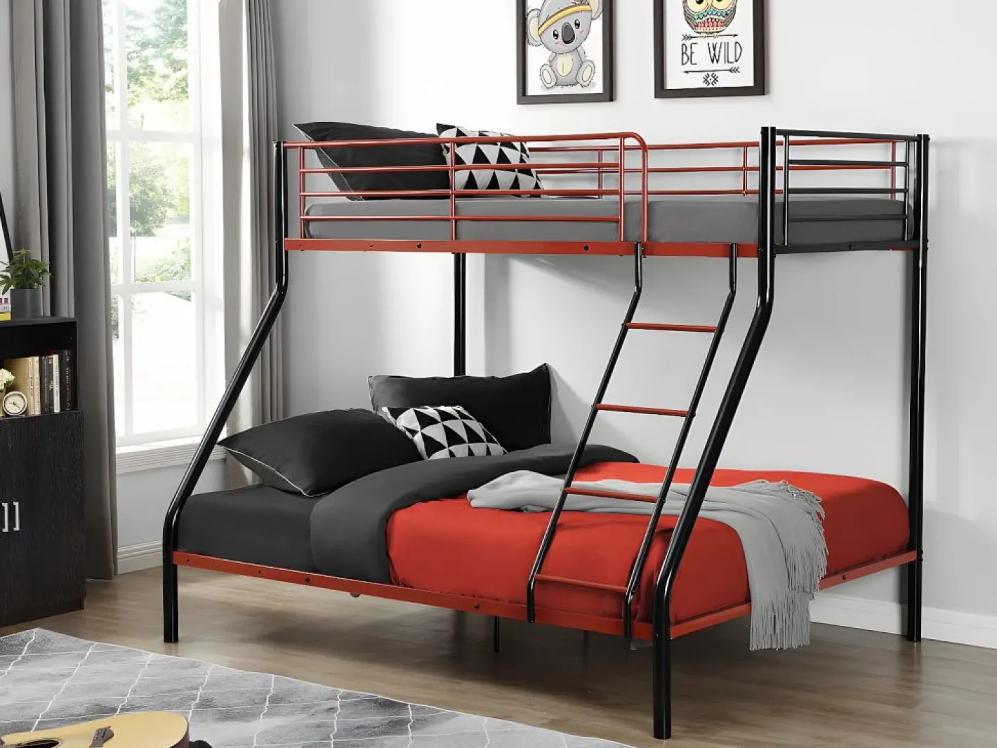 Vente-unique Cama Litera|Literas de 90x190 y 140x190 cm en acero negro y rojo con colchón ELEVATIO IV
