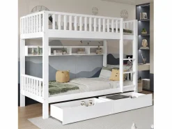 Merax Literas infantiles - 2 x 90 x 200 cm - con barandilla de seguridad + estantes + 2 cajones - MDF - Blanco Outlet