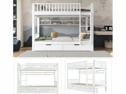 Merax Literas infantiles - 2 x 90 x 200 cm - con barandilla de seguridad + estantes + 2 cajones - MDF - Blanco Outlet