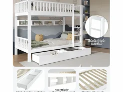 Merax Literas infantiles - 2 x 90 x 200 cm - con barandilla de seguridad + estantes + 2 cajones - MDF - Blanco Outlet