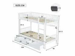 Merax Literas infantiles - 2 x 90 x 200 cm - con barandilla de seguridad + estantes + 2 cajones - MDF - Blanco Outlet