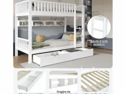 Merax Literas infantiles - 2 x 90 x 200 cm - con barandilla de seguridad + estantes + 2 cajones - MDF - Blanco Outlet