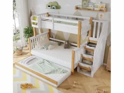 Literas 120x200 cm + 90x200 cm con cama nido 90x190 cm + 4 cajones - Madera + MDF - + natural^Merax Discount