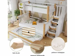 Literas 120x200 cm + 90x200 cm con cama nido 90x190 cm + 4 cajones - Madera + MDF - + natural^Merax Discount