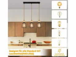 NETTLIFE Lámpara colgante , estilo vintage industrial retro para salón, de madera y cuerda de cáñamo, en metal , 3 llamas, E27 Negro Online