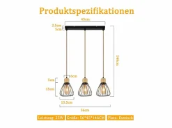 NETTLIFE Lámpara colgante , estilo vintage industrial retro para salón, de madera y cuerda de cáñamo, en metal , 3 llamas, E27 Negro Online