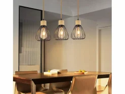 NETTLIFE Lámpara colgante , estilo vintage industrial retro para salón, de madera y cuerda de cáñamo, en metal , 3 llamas, E27 Negro Online