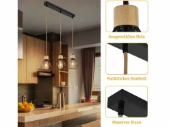 NETTLIFE Lámpara colgante , estilo vintage industrial retro para salón, de madera y cuerda de cáñamo, en metal , 3 llamas, E27 Negro Online