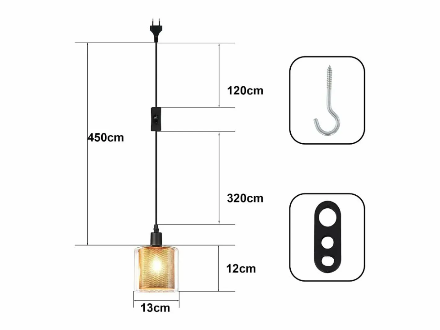 NETTLIFE Lámpara colgante vintage de 1 bombilla: colgante de cristal dorado con enchufe e interruptor, bombilla E14, cable metálico retro de 4,5 m Negro Online