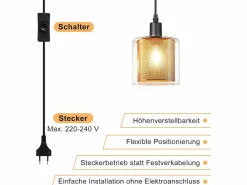 NETTLIFE Lámpara colgante vintage de 1 bombilla: colgante de cristal dorado con enchufe e interruptor, bombilla E14, cable metálico retro de 4,5 m Negro Online