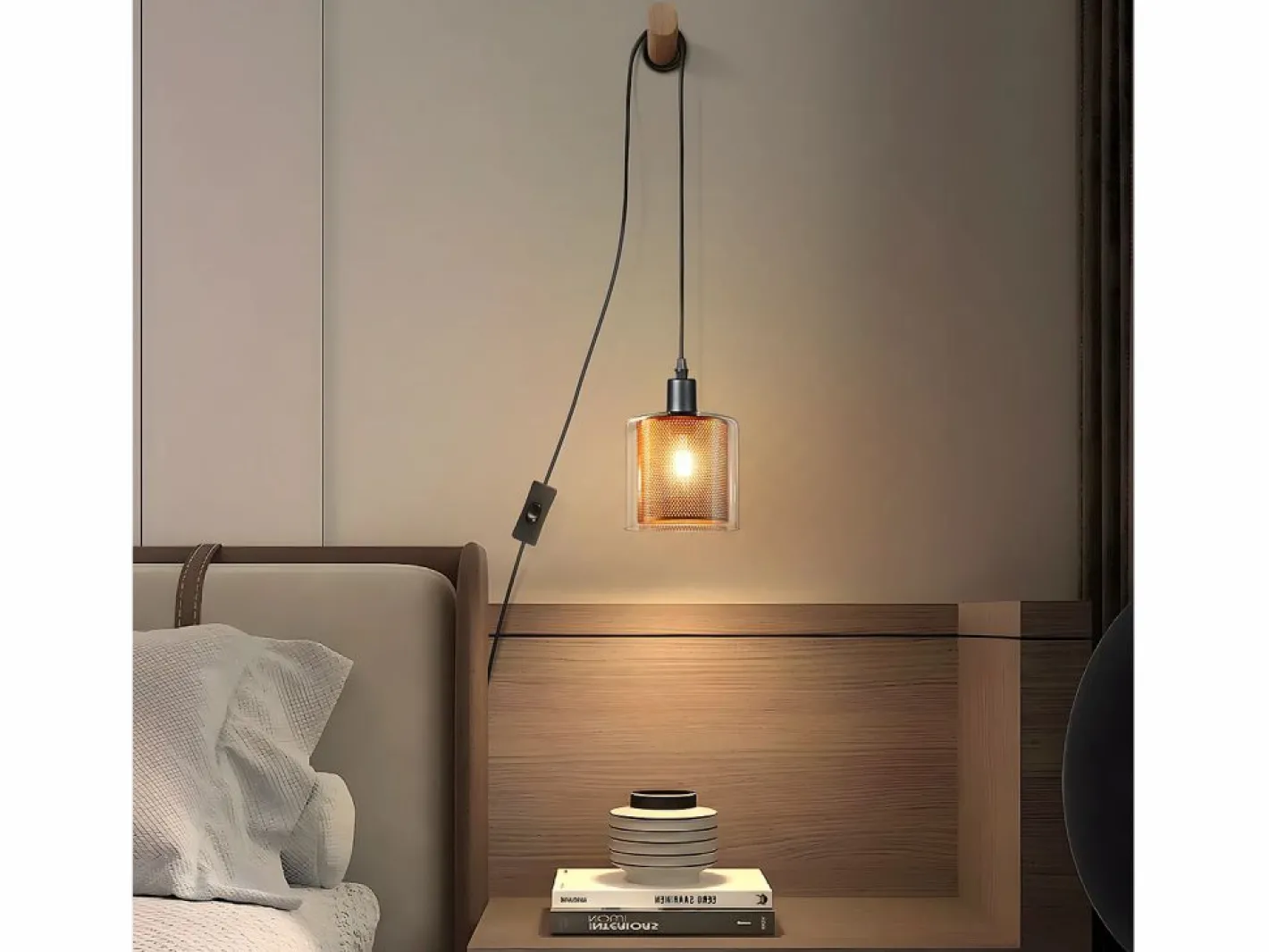 NETTLIFE Lámpara Suspendida|Lámpara colgante vintage de una llama: Lámpara colgante de cristal con enchufe e interruptor E14.