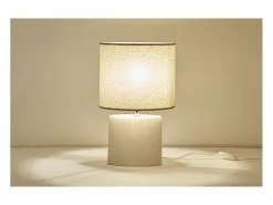 Miliboo Lámpara de mesa de cerámica blanca mate con pantalla de lino natural TIGA Blanco