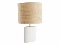 Lámpara de mesa étnica de cerámica blanca mate con pantalla de rafia TIGA^Miliboo Best