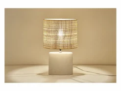 Lámpara de mesa étnica de cerámica blanca mate con pantalla de rafia TIGA^Miliboo Best