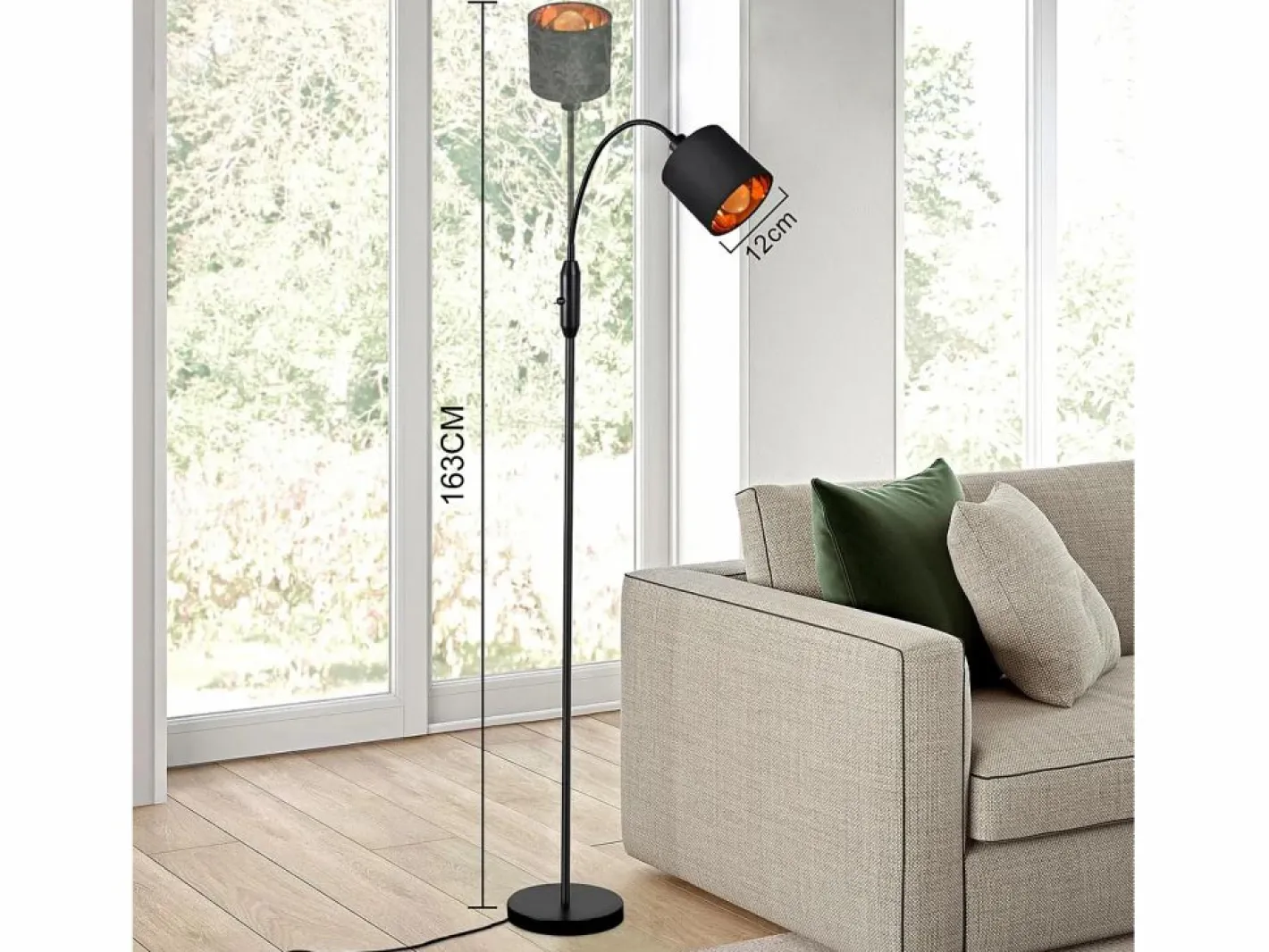 NETTLIFE Lámpara De Pie|Lámpara de pie vintage negra de tela con arco giratorio de 360° para una iluminación suave y decorativa
