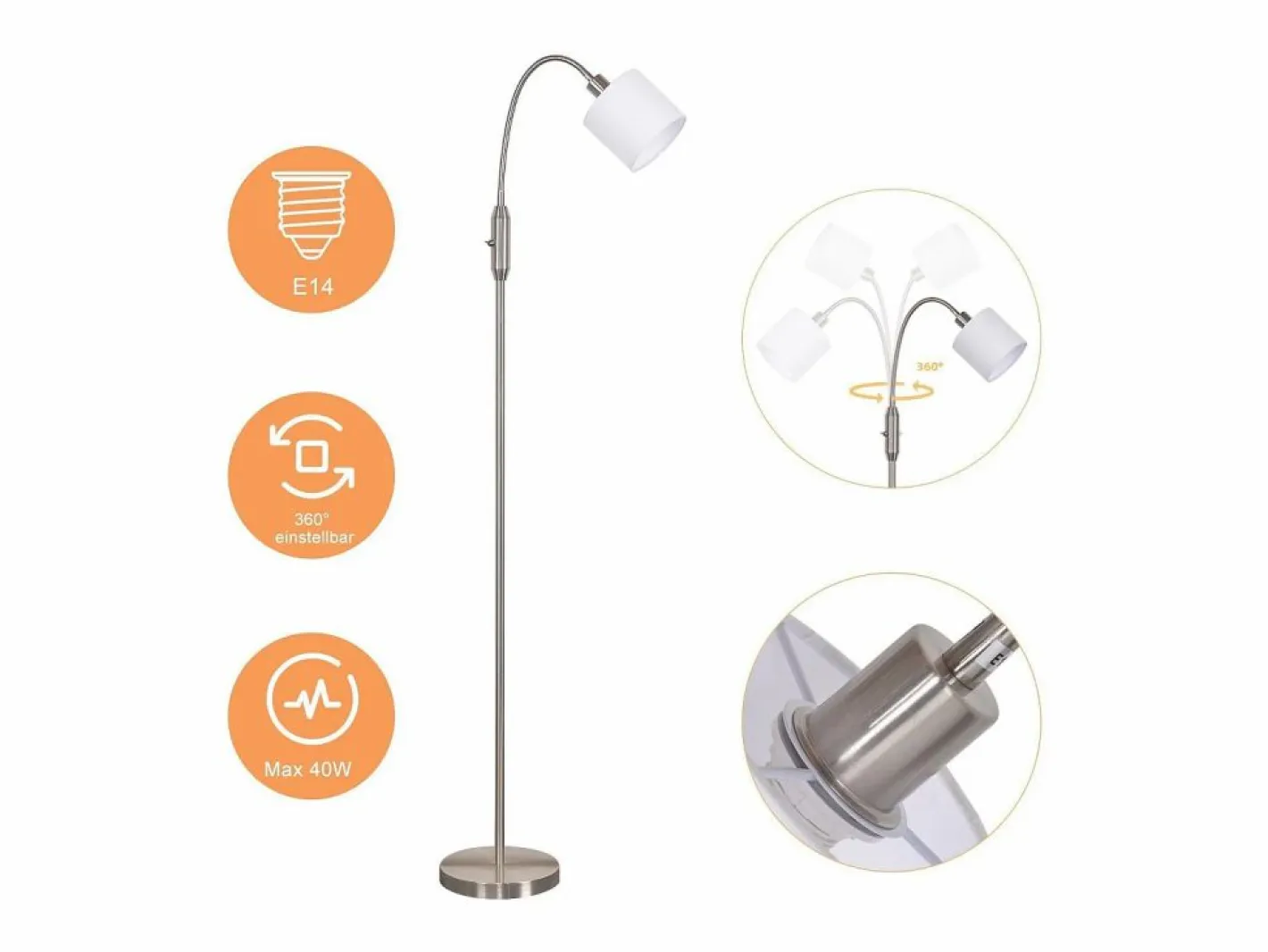 NETTLIFE Lámpara De Pie|Lámpara de pie vintage negra de tela con arco giratorio de 360° para una iluminación suave y decorativa