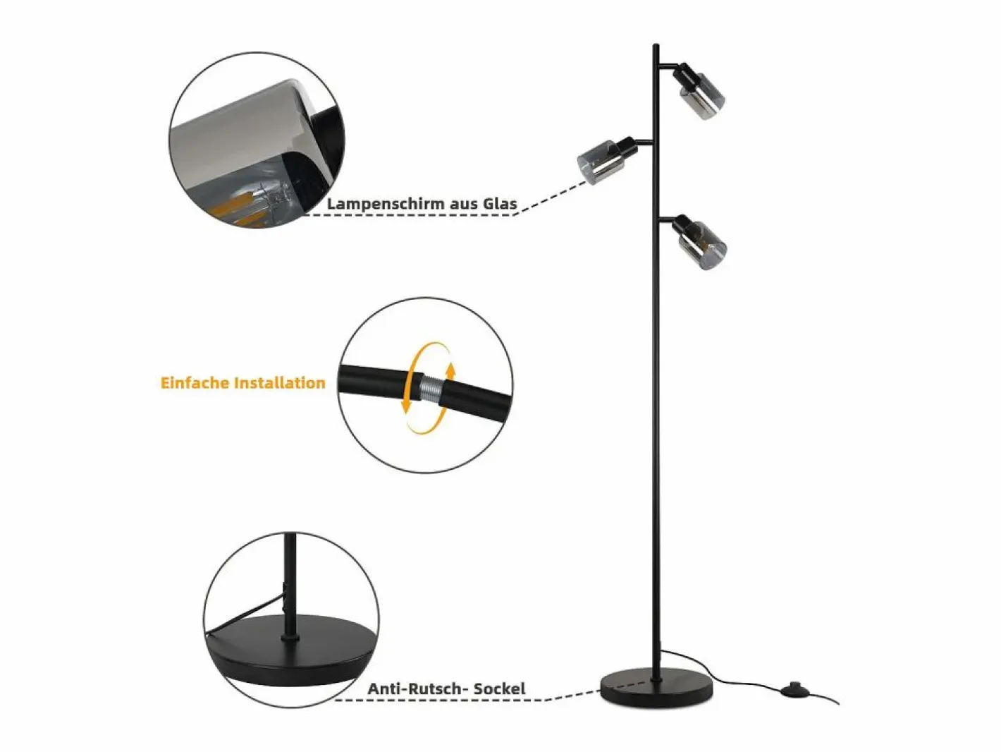NETTLIFE Lámpara De Pie|Lámpara de pie vintage para sala de estar 3 llamas de vidrio casquillo E14 lámpara de mesa ajustable de metal 350