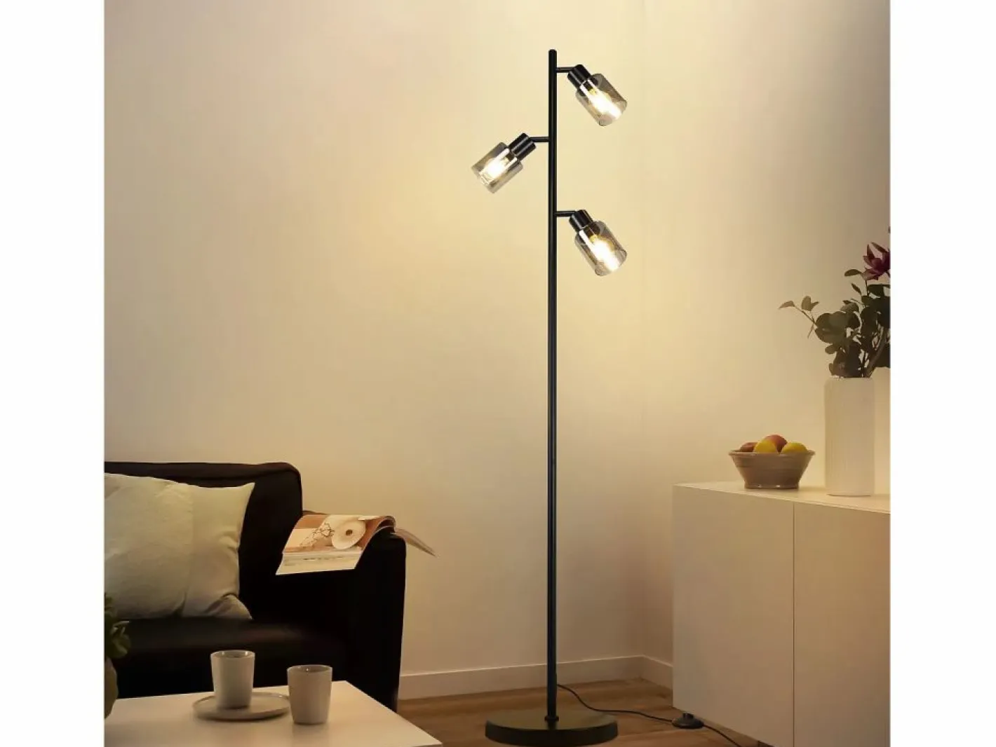 NETTLIFE Lámpara De Pie|Lámpara de pie vintage para sala de estar 3 llamas de vidrio casquillo E14 lámpara de mesa ajustable de metal 350