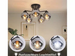 NETTLIFE Plafón|Lámpara de techo vintage de cristal: 5 luces, color , metal gris ahumado, E27