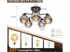 NETTLIFE Plafón|Lámpara de techo vintage de cristal: 5 luces, color , metal gris ahumado, E27