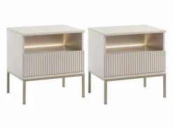 Lote de 2 mesitas de noche 1 cajón y 1 nicho con LEDs en MDF y cristal ahumado beige - OVILA^Vente-unique Hot