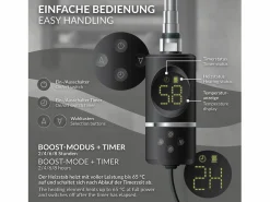 Toallero Eléctrico|Luxebath Elemento calefactor eléctrico 600W acero inoxidable negro para radiador con termostato y pantalla digital, regulador con modo temporizador