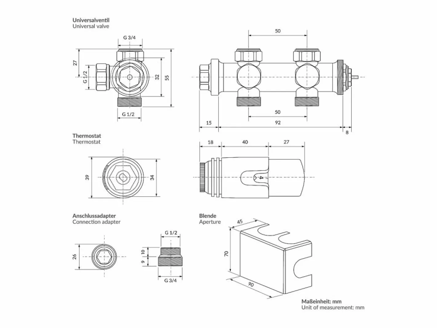 Juego griferia multiblock universal cabezal termostático para radiador baño conexión central, bloques grifos y válvula para calefactor^LuxeBath Sale