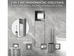 Módulo de armario empotrado para baño de acero inoxidable 60x20x10 cm con escobilla WC nicho de pared alicatable oculto encastrado^LuxeBath Clearance